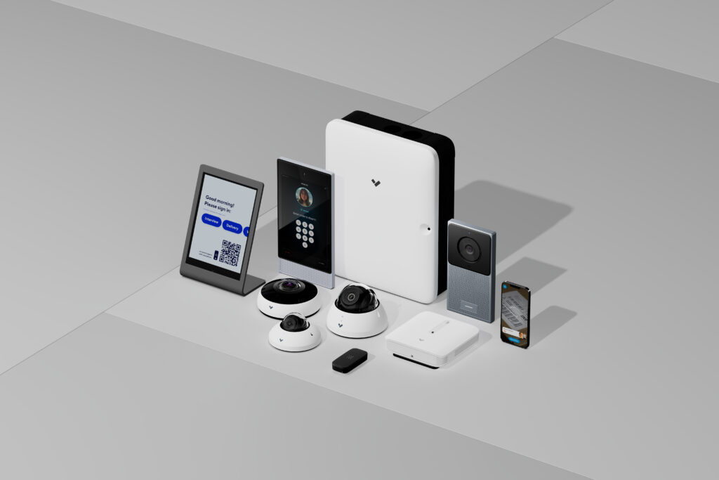 Comprehensive security and surveillance system featuring smart cameras, access control devices, and modern monitoring technology.