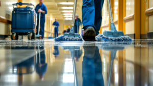 A commercial cleaning worker (janitorial crew) in a healthcare hallway — mop, cleaning cart — passing by an office door or server room door that is open or ajar.