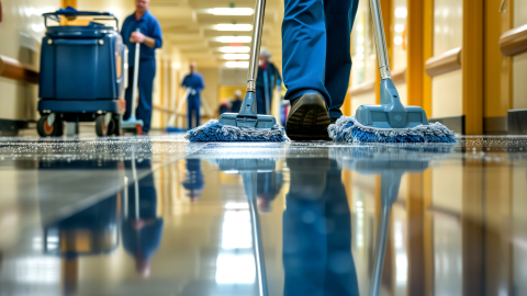 A commercial cleaning worker (janitorial crew) in a healthcare hallway — mop, cleaning cart — passing by an office door or server room door that is open or ajar.