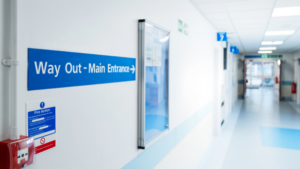 Healthcare facility exit door and hallway in Visalia showing the elopement risk pathway where patients in behavioral health and memory care units can leave undetected