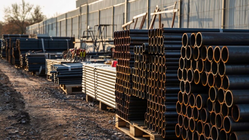Construction material laydown yard near Bakersfield with stacked pipe and rebar behind temporary fencing representing hundreds of thousands of dollars in staged materials vulnerable to theft