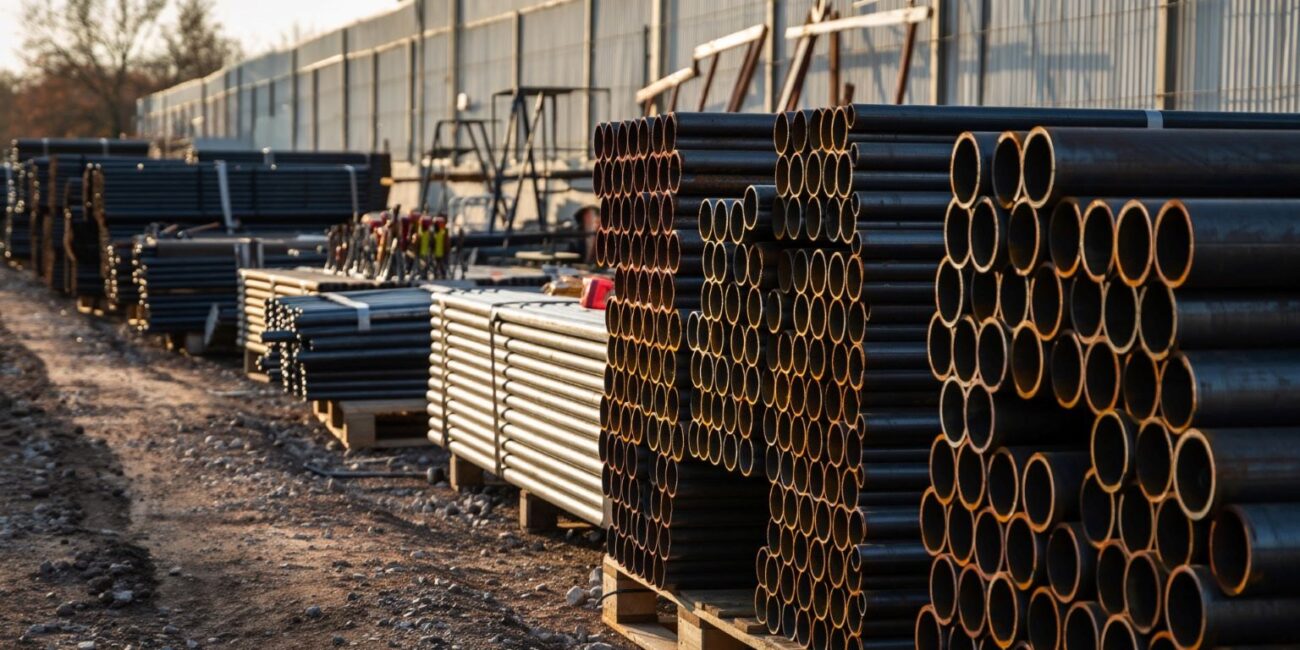 Construction material laydown yard near Bakersfield with stacked pipe and rebar behind temporary fencing representing hundreds of thousands of dollars in staged materials vulnerable to theft