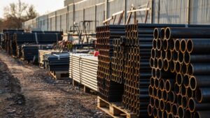 Construction material laydown yard near Bakersfield with stacked pipe and rebar behind temporary fencing representing hundreds of thousands of dollars in staged materials vulnerable to theft