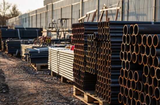 Construction material laydown yard near Bakersfield with stacked pipe and rebar behind temporary fencing representing hundreds of thousands of dollars in staged materials vulnerable to theft