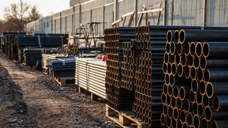 Construction material laydown yard near Bakersfield with stacked pipe and rebar behind temporary fencing representing hundreds of thousands of dollars in staged materials vulnerable to theft