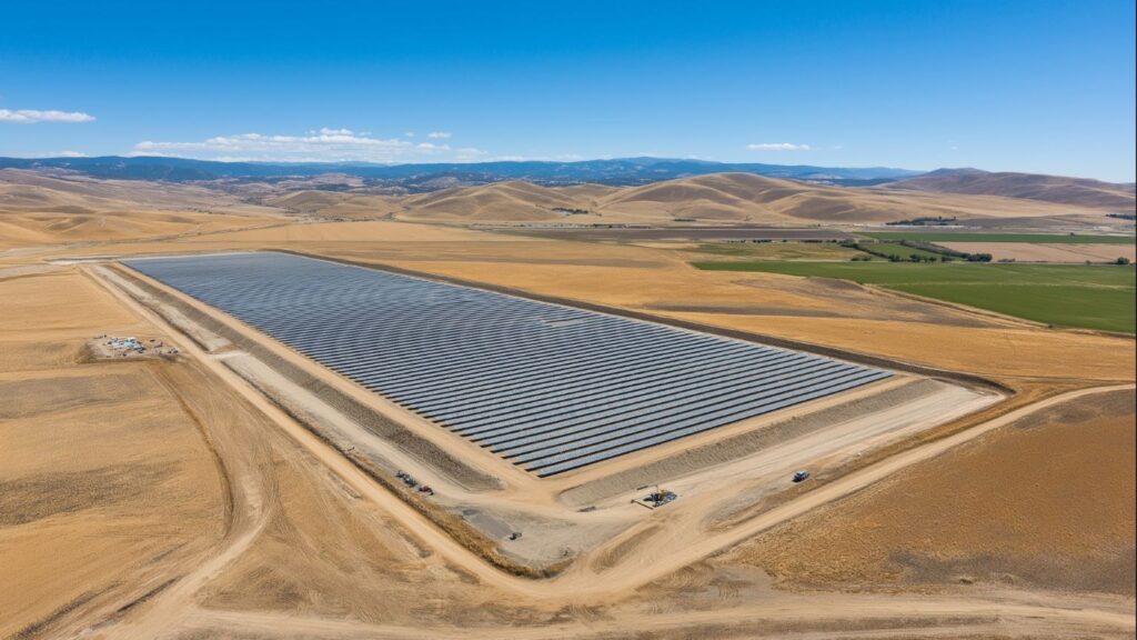 Utility-scale solar farm under construction in the Central Valley with rows of panel racking stretching across thousands of acres of flat agricultural land showing the massive surveillance challenge