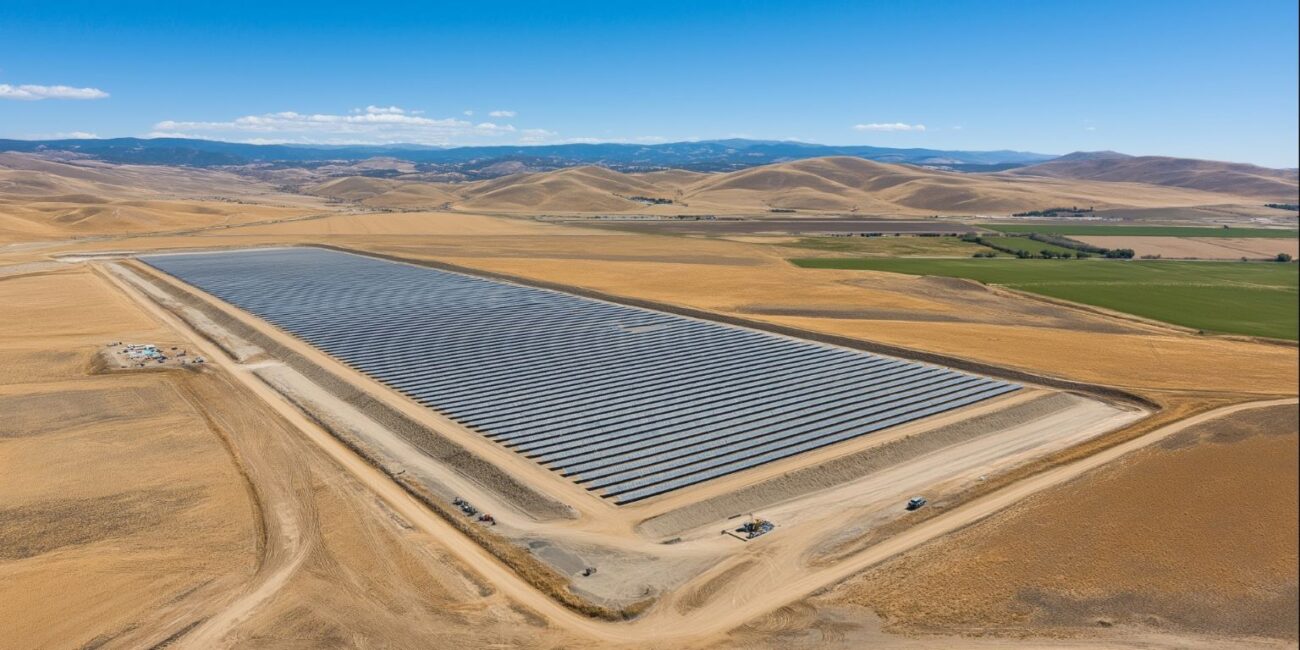 Utility-scale solar farm under construction in the Central Valley with rows of panel racking stretching across thousands of acres of flat agricultural land showing the massive surveillance challenge