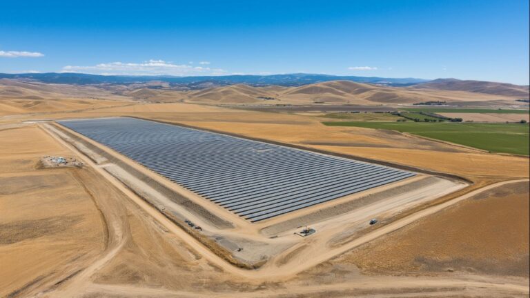Utility-scale solar farm under construction in the Central Valley with rows of panel racking stretching across thousands of acres of flat agricultural land showing the massive surveillance challenge