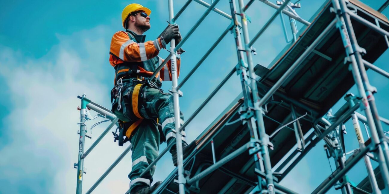 Construction worker wearing fall protection harness on elevated scaffolding at a Clovis jobsite where security cameras provide timestamped safety compliance documentation for Cal-OSHA investigations