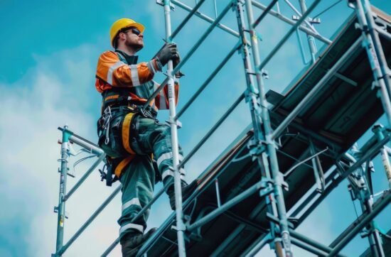 Construction worker wearing fall protection harness on elevated scaffolding at a Clovis jobsite where security cameras provide timestamped safety compliance documentation for Cal-OSHA investigations
