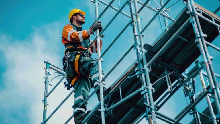 Construction worker wearing fall protection harness on elevated scaffolding at a Clovis jobsite where security cameras provide timestamped safety compliance documentation for Cal-OSHA investigations