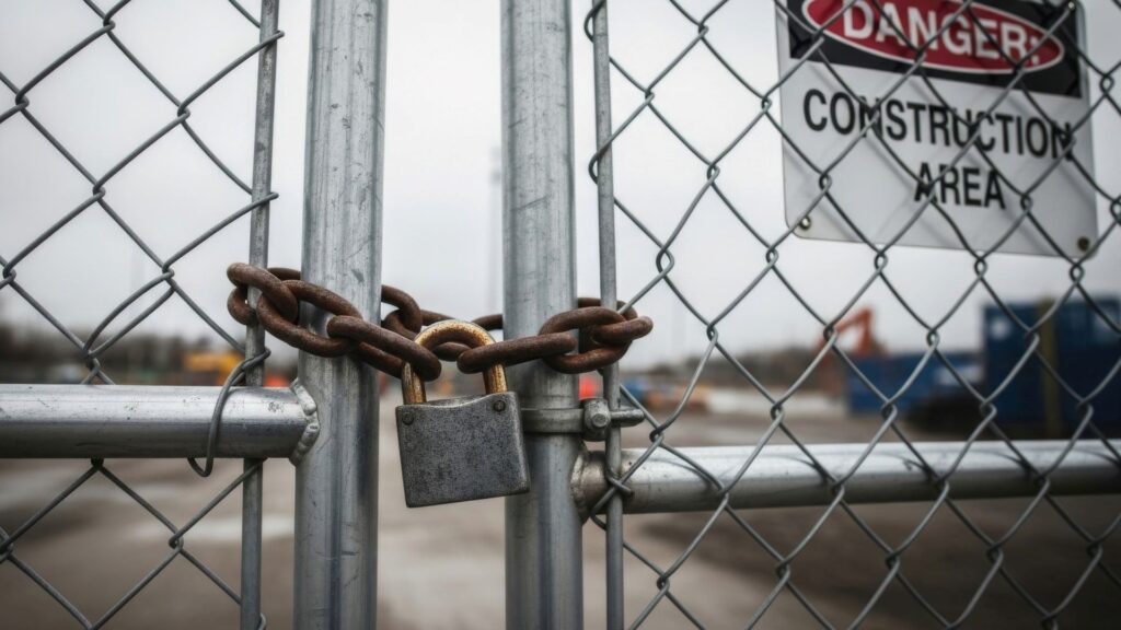 Unmonitored construction site in Fresno at dusk with stacked materials visible behind a temporary chain-link fence and padlock showing the theft vulnerability during nights and weekends