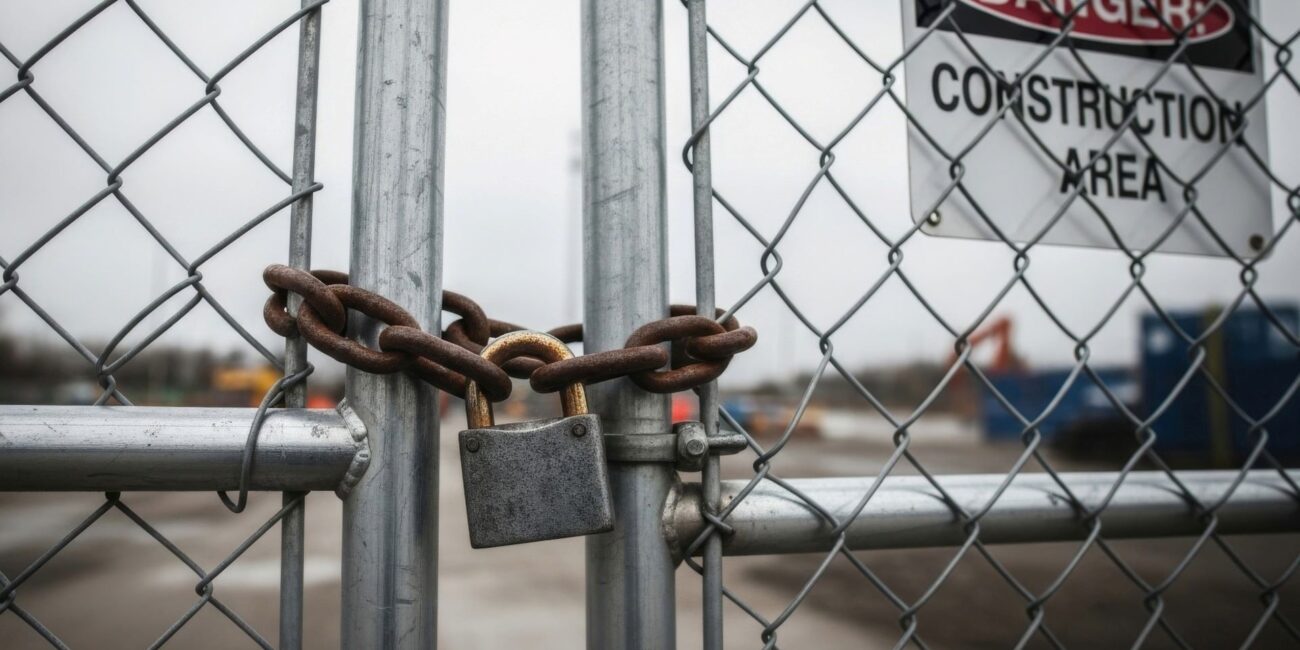 Unmonitored construction site in Fresno at dusk with stacked materials visible behind a temporary chain-link fence and padlock showing the theft vulnerability during nights and weekends