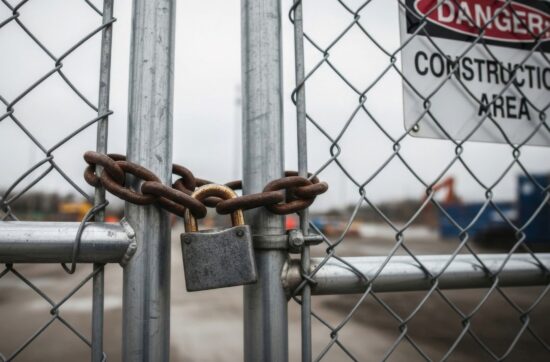 Unmonitored construction site in Fresno at dusk with stacked materials visible behind a temporary chain-link fence and padlock showing the theft vulnerability during nights and weekends