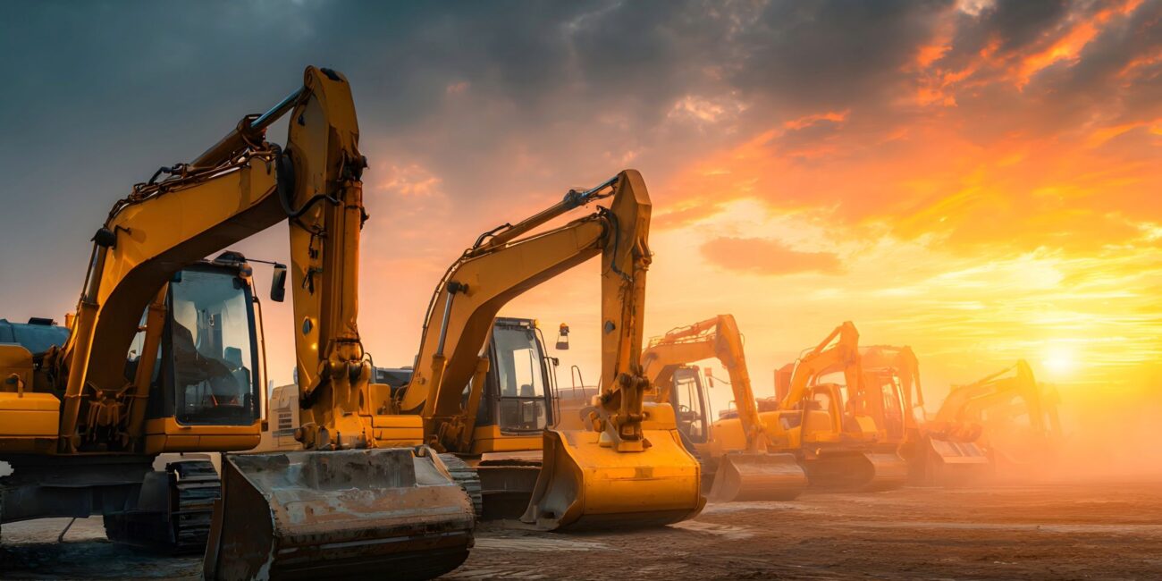 Heavy excavator parked on a Visalia construction site at end of day with no security showing the equipment theft vulnerability where universal keys allow unauthorized operation
