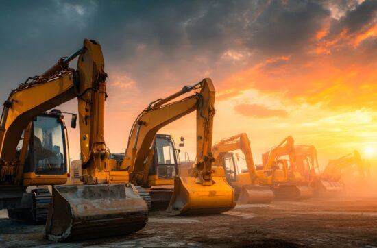 Heavy excavator parked on a Visalia construction site at end of day with no security showing the equipment theft vulnerability where universal keys allow unauthorized operation
